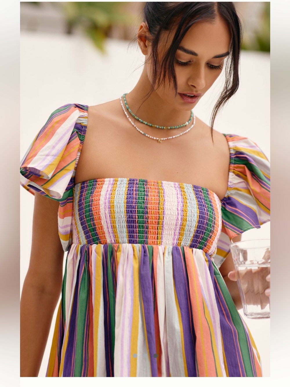 Anthropologie Ruffle Sleeve Open Back Mini Dress | Multicolor Stripe Smocked | L - Picture 3 of 8